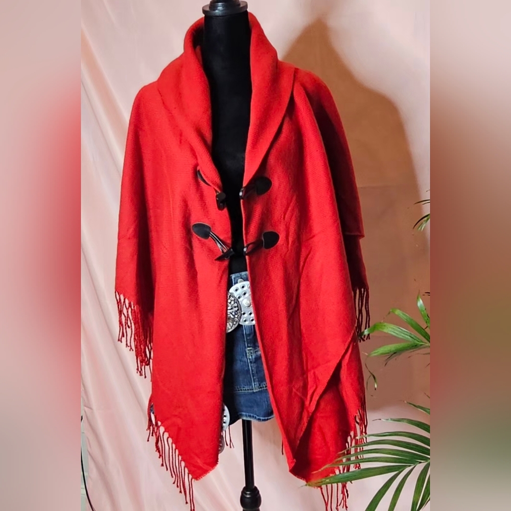 Bohemian Red Fringe Shawl Wrap / Toggle Front Cape - One Size - Picture 5 of 16